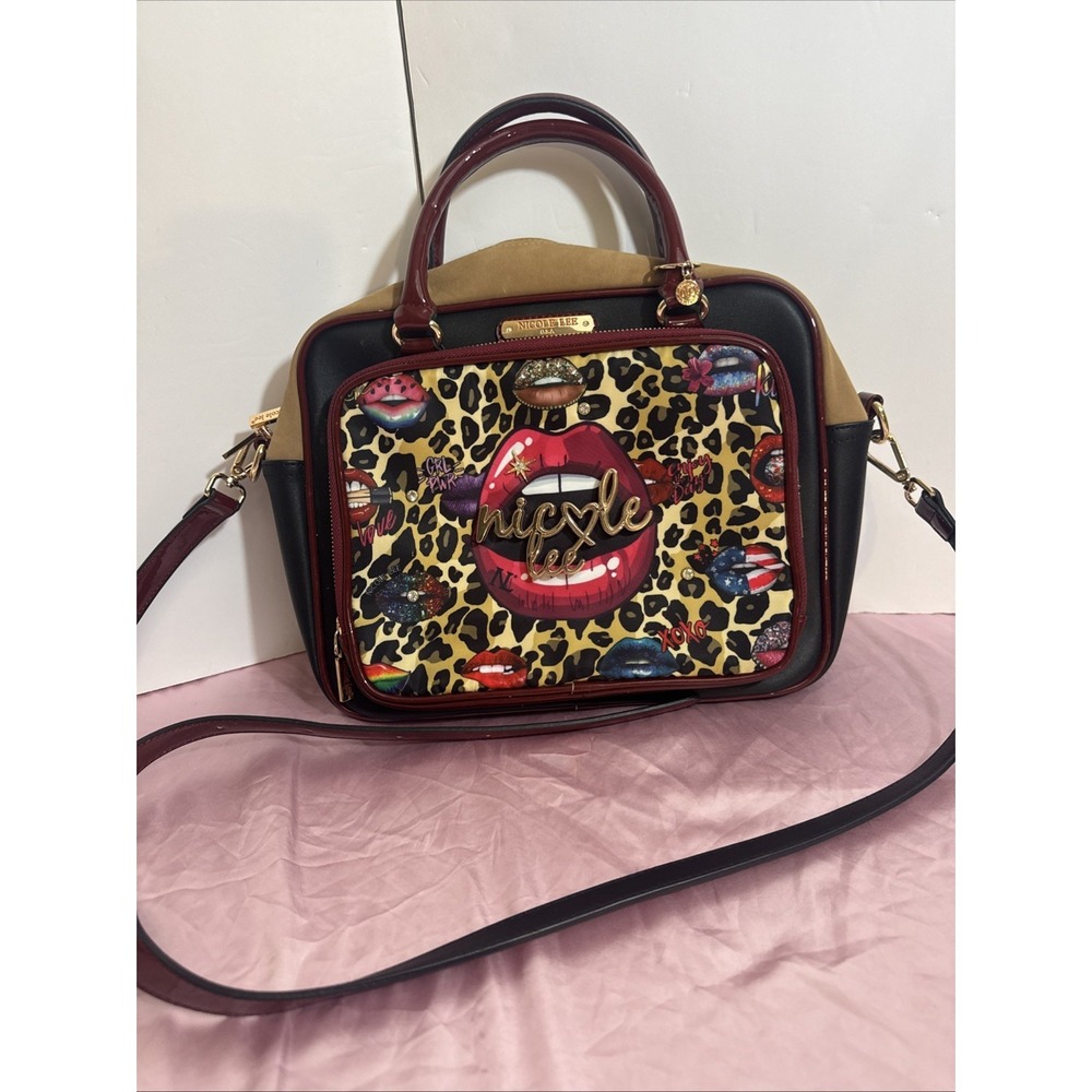 Nicole Lee Y2K Leopard Print Lips Satchel Purse Pop Art Glam Crossbody Bag CUTE!